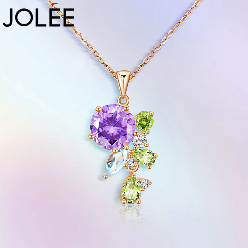 Jolee项链女S925银时尚紫晶彩宝项坠饰品吊坠送女生礼物一物一证