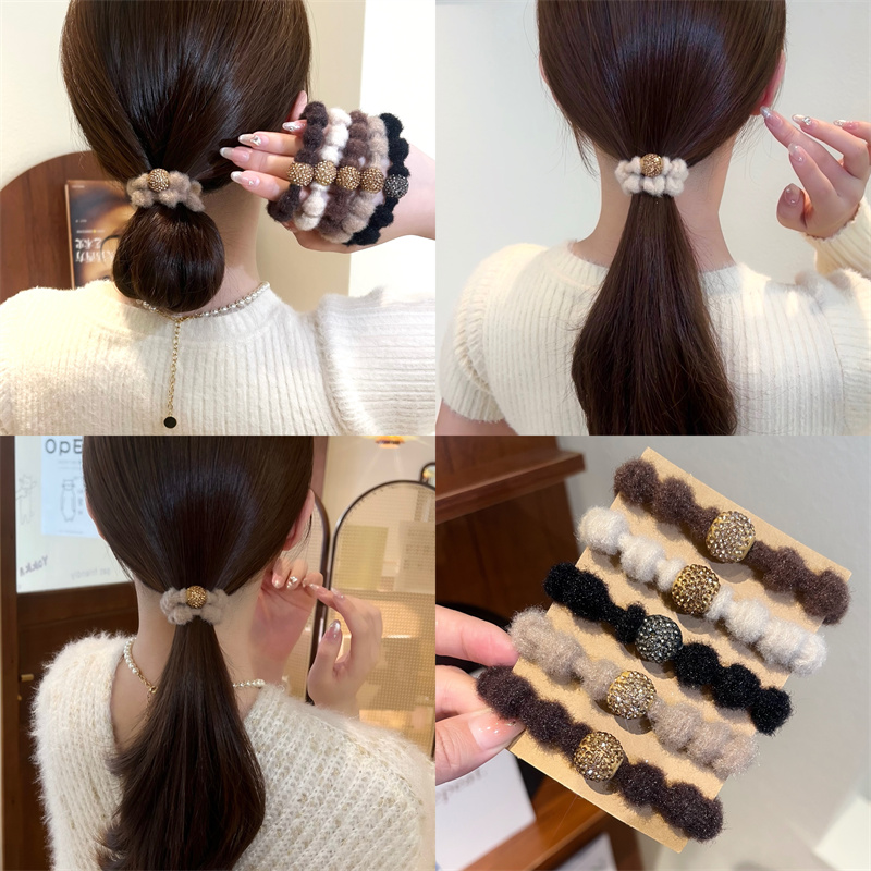 5根9.9/M秋冬毛绒头绳发圈高级感女后脑勺发绳新款丸子头扎头皮筋