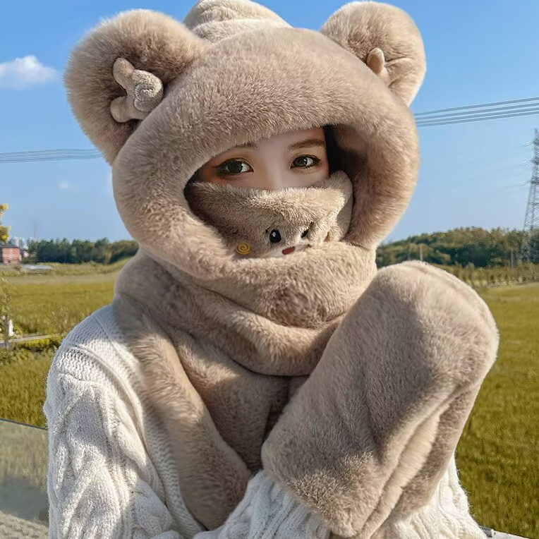 小熊帽子围巾手套一体女秋冬季防寒保暖三件套冬天网红加厚毛绒帽