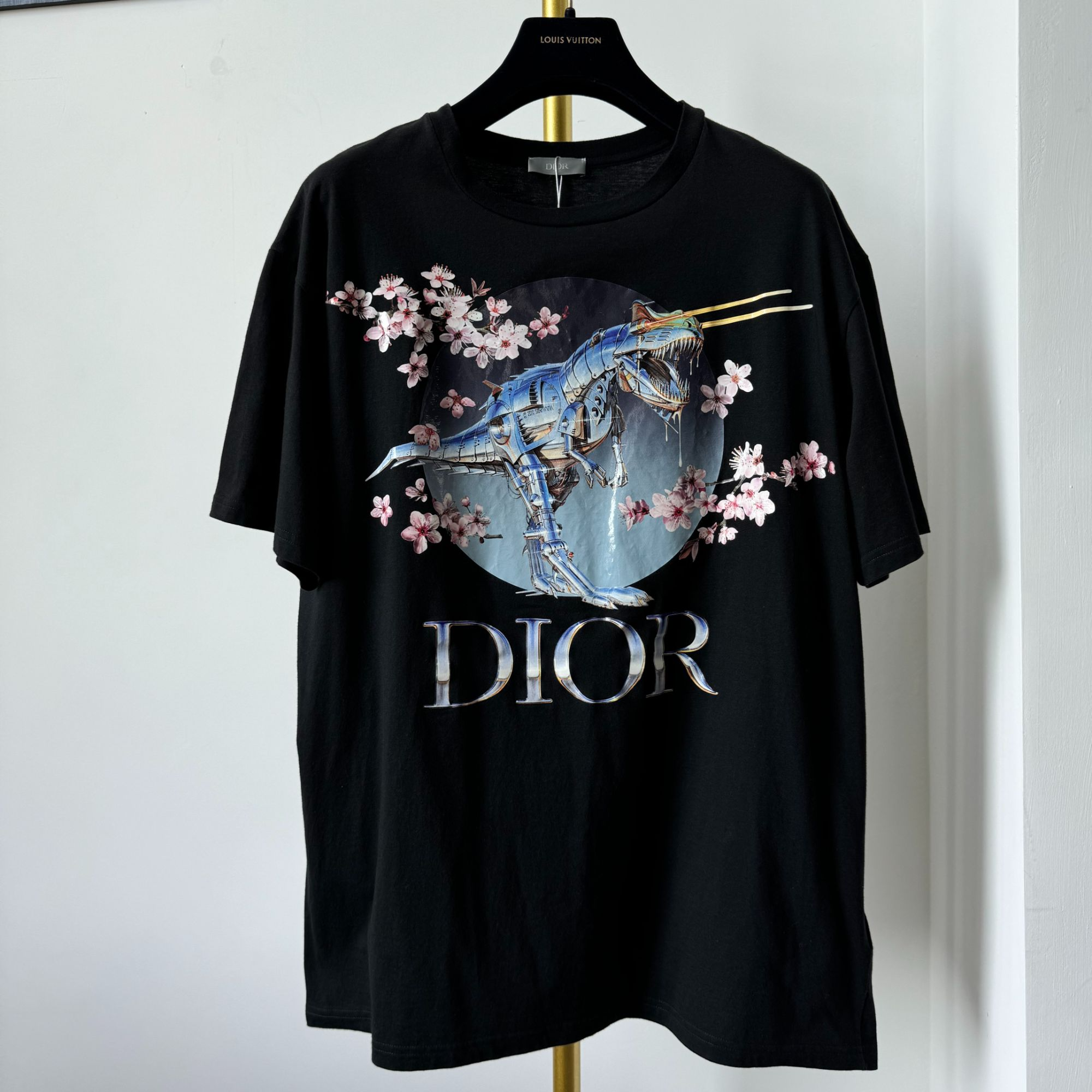 DIOR/迪奥夏季纯棉宽松机械霸王龙印花logo 黑色体恤衫 M
