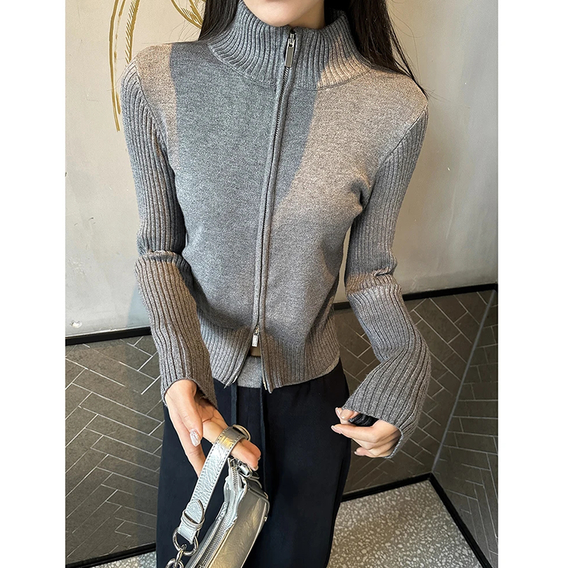动感少女春秋季韩版外穿气质高级感立领针织开衫双拉链短款外套