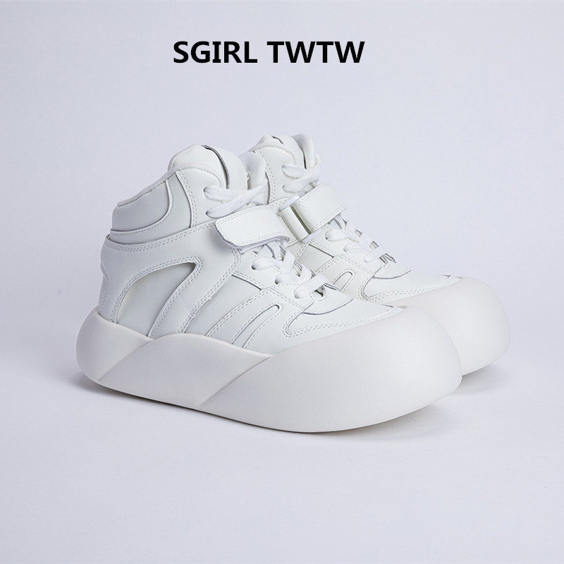 SGIRL TWTW2024年秋冬新款真皮厚底松糕底大头系带高帮鞋面包鞋女
