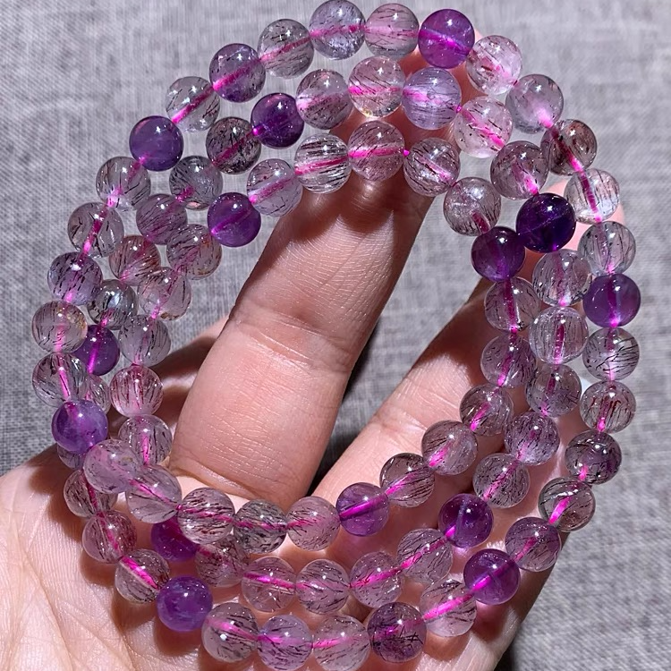 天然超七手串黑加仑七矿共生紫超七三圈水晶手链女多圈多样性发一