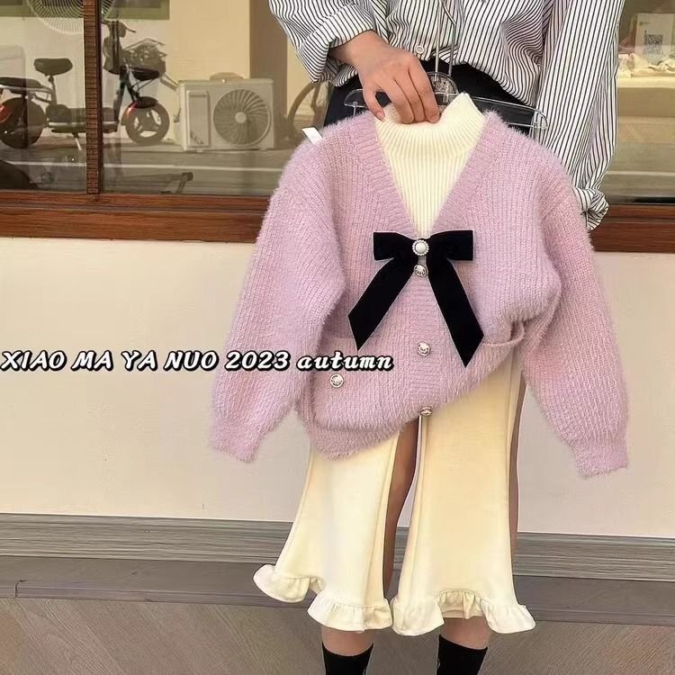 女童秋冬款半高领毛衣儿童时尚假两件针织衫2023新款小女孩套装潮