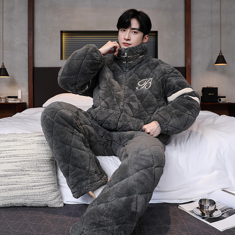 三层夹棉2024新款睡袍珊瑚绒睡衣男秋冬季加绒加厚可外穿家居服