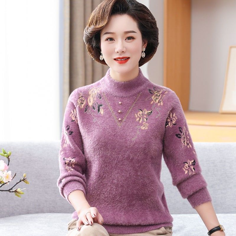 妈妈装毛衣女针织衫加绒加厚保暖上衣中老人年秋冬打底衫女