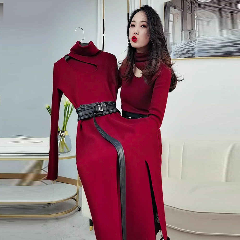 【送腰带】针织连衣裙女2022春秋收腰显瘦加厚内搭外穿毛衣裙长款