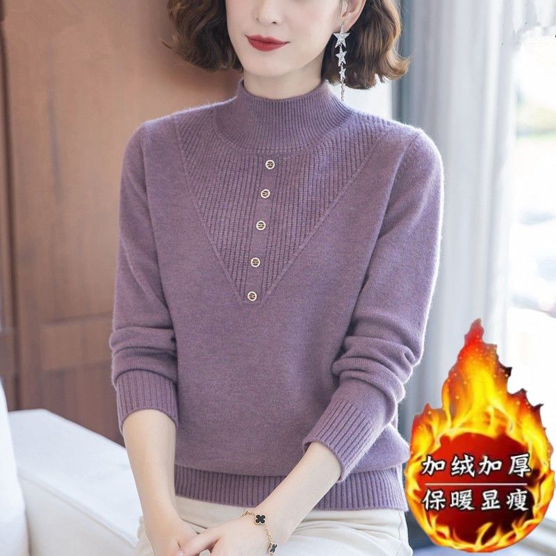 秋冬新款妈妈毛衣秋冬加绒加厚百搭显瘦半高领纯色打底套头针织衫