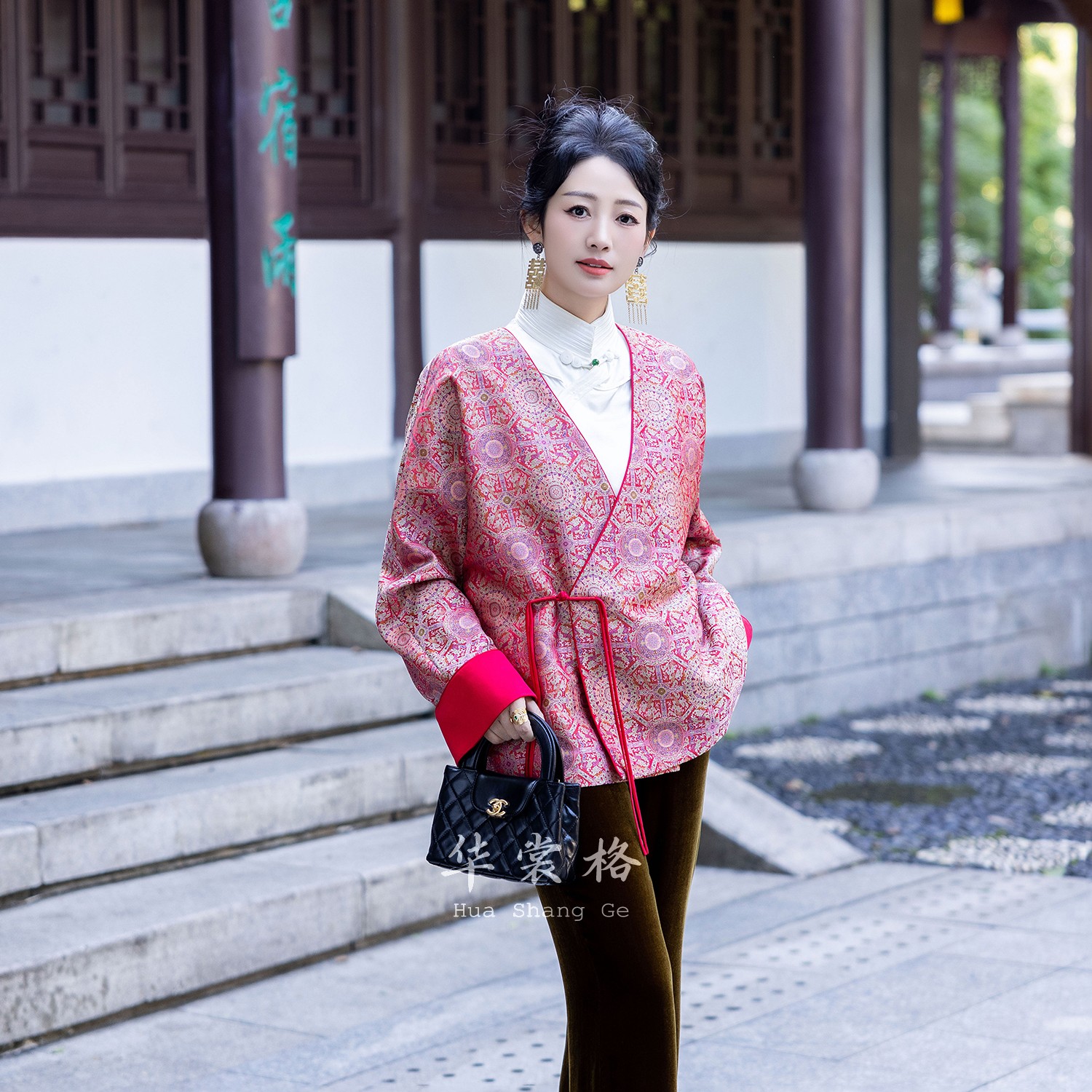 华裳格新中式上久楷八达晕青红地夔龙凤斜襟正品宋锦外套HS381