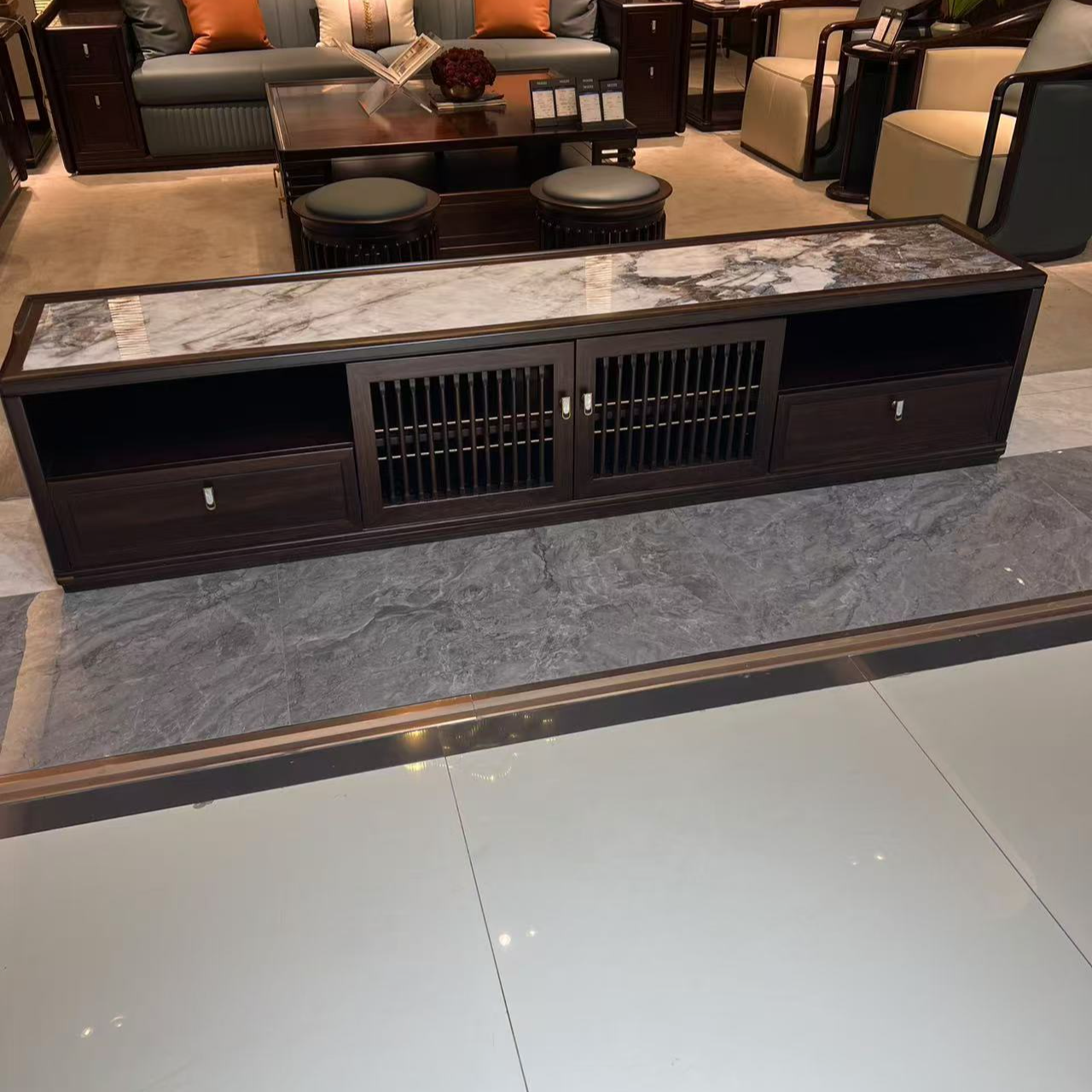 2.2米岩板面电视柜----轻奢时尚现代岩板黑檀全实木电视柜