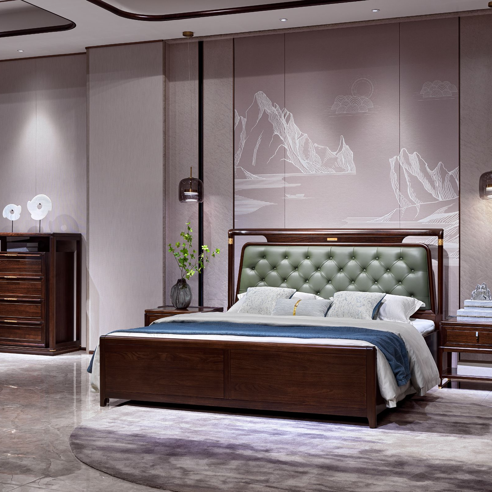 床架----轻奢时尚现代黑檀全实木床新中式大床储物成套高箱美式