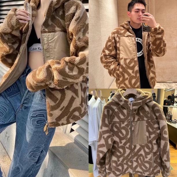 未使用 BURBERRY/博柏利 男款TB满花毛绒泰迪熊连帽外套 大衣