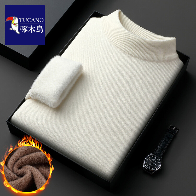 啄木鸟高档加绒加厚一体绒毛衣男秋冬季保暖半高领纯色修身针织衫