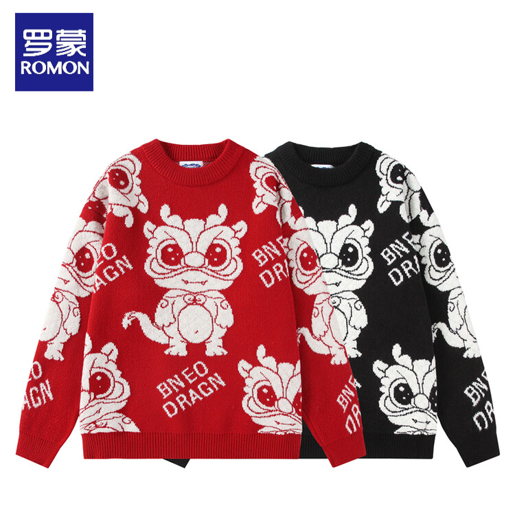 罗蒙新款龙年本命年圆领毛衣秋冬时尚亲肤针织衫加厚卡通情侣装