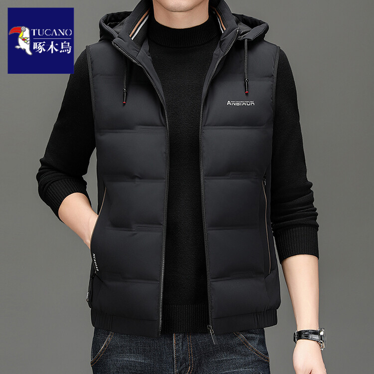 啄木鸟秋冬连帽羽绒马甲背心男中年休闲男装外穿户外马甲保暖背心