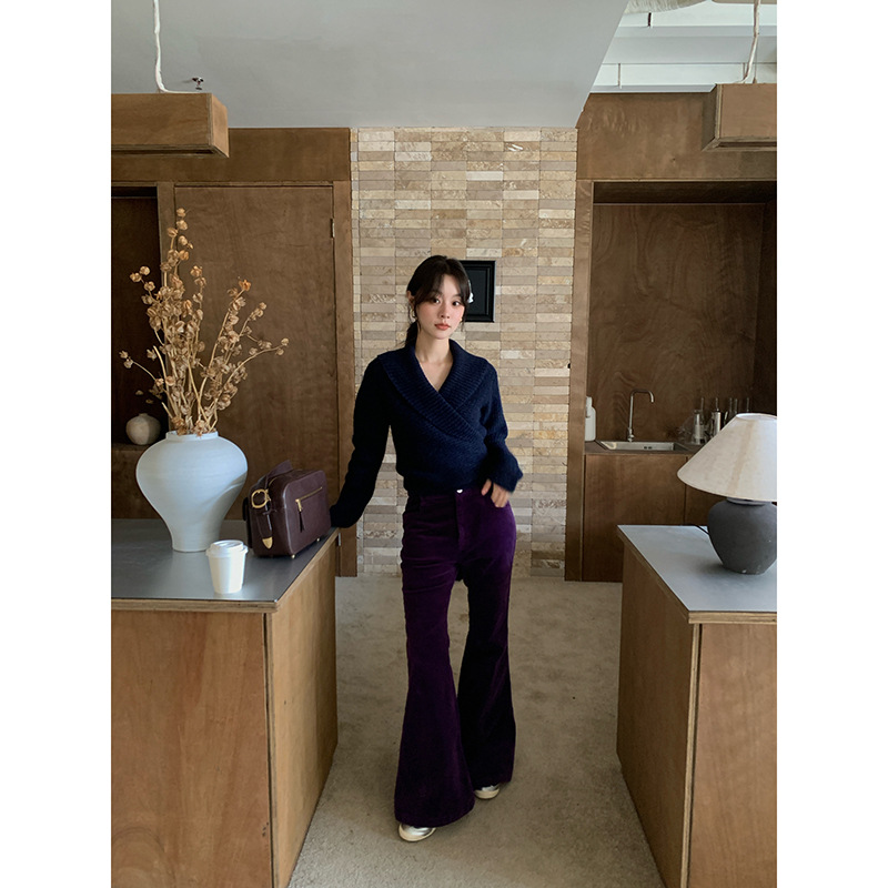 秋冬款休闲灯芯绒裤子显瘦高腰微喇裤女裤F2607