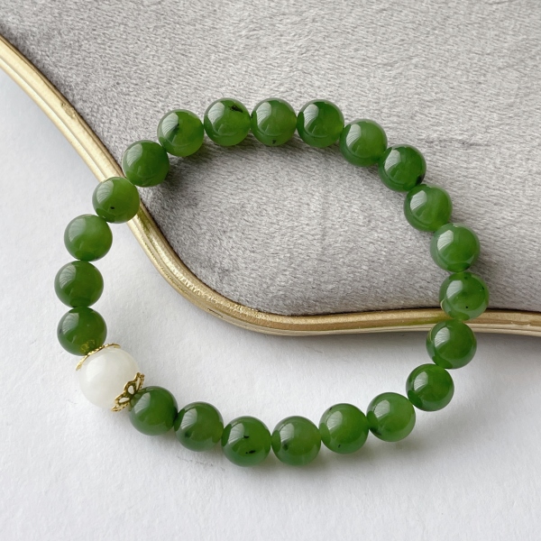 晶雁7-8mm和田玉碧玉手链白玉生花手工气质轻奢时尚绿色单圈