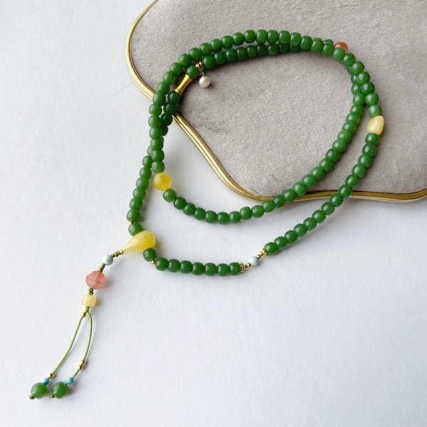 晶雁5×6mm和田玉碧玉无黑老型珠项链手工复古绿色时尚百搭长款