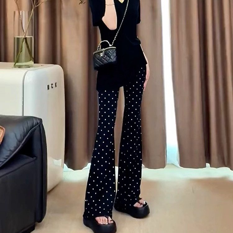 黑色个性波点微喇休闲裤女夏季新款复古拖地裤弹力显瘦百搭喇叭裤