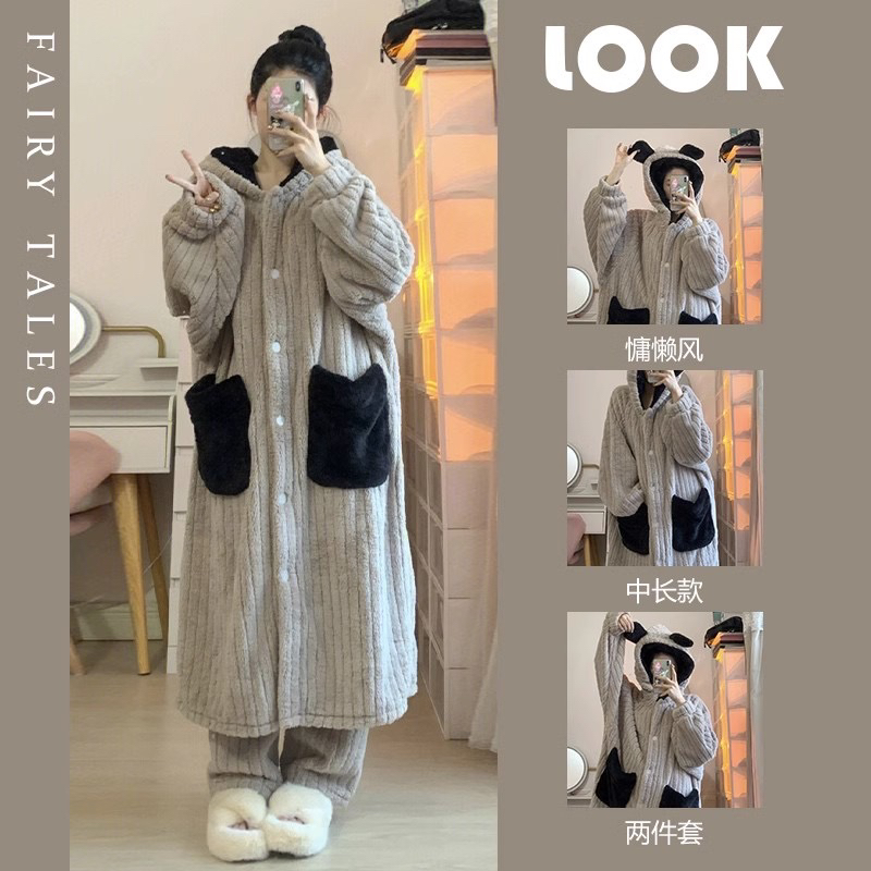 珊瑚绒睡袍女冬款中长款加厚加绒睡衣女款冬季新款家居服套装