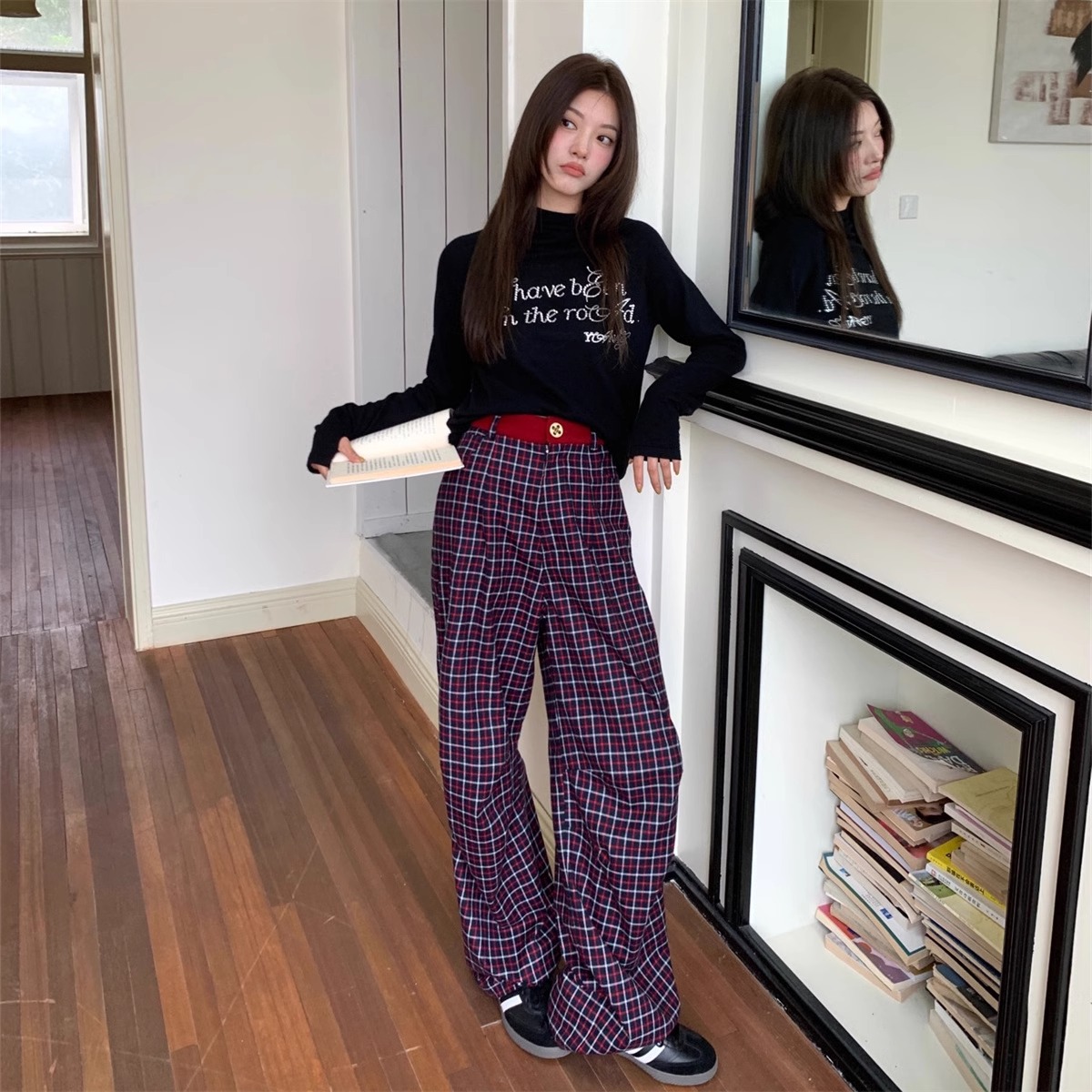 YANAG 2025春季新款撞色腰头间褶紫红格长裤YGQYQX033