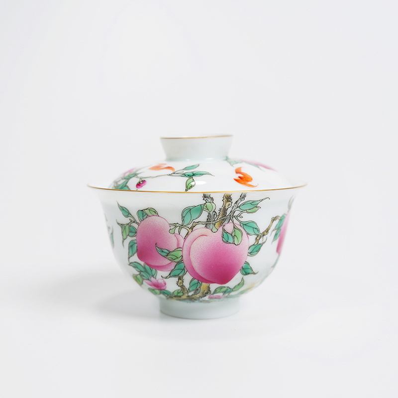 【墨舍名窑】徐窑六桃五福元宝盖碗（xuyao114）