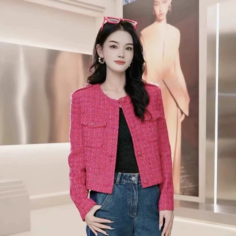 商场同款2024秋新款女装纯色百搭长袖圆领短款外套小香风时尚显瘦