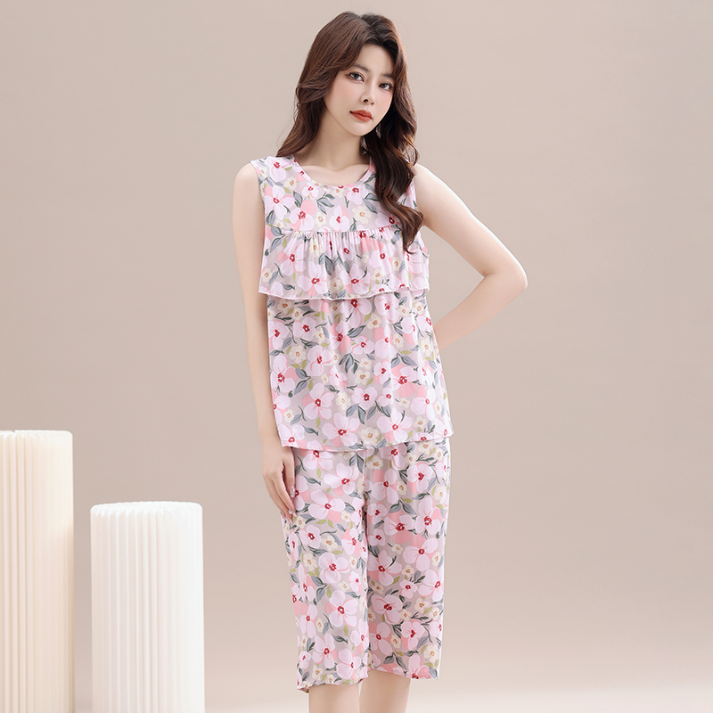 夏季薄款睡衣女套装时尚洋气休闲棉绸家居服无袖防凸点宽松两件套