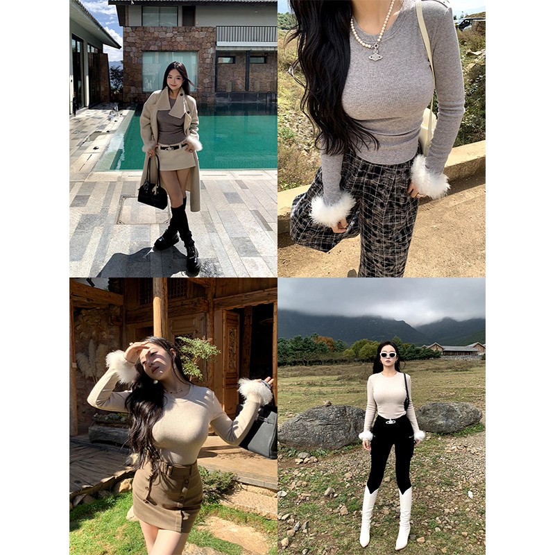 肉装小cherry 时光画布 抽褶微胖显瘦圆领拼接可拆卸毛条针织上衣