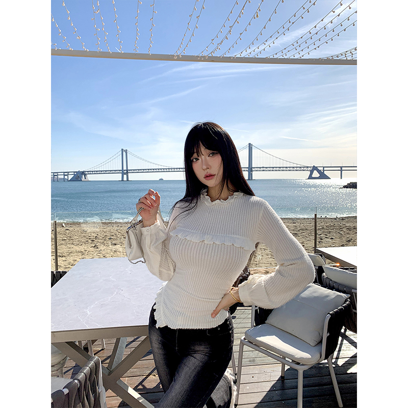 肉装小cherry 奶油泡芙 微胖拼接甜美木耳边肌理感针织上衣两色