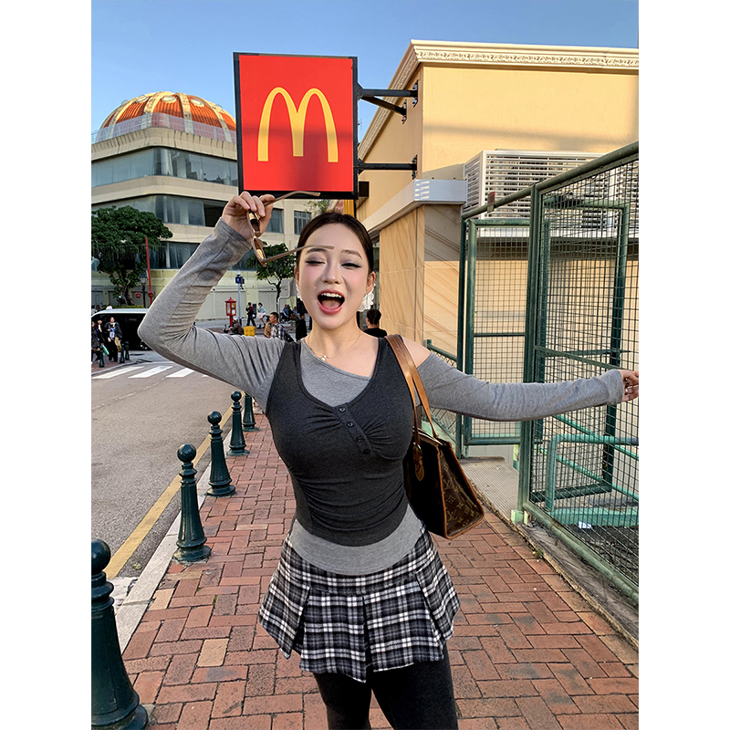 肉装小cherry 碧波海盐 假两件微胖撞色设计斜门襟长袖针织上衣女