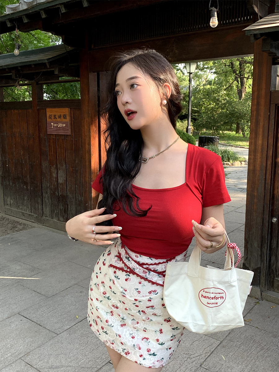 肉装小cherry 甜枣奶酪 高腰微胖小清新蕾丝拼接花边带子半身裙夏