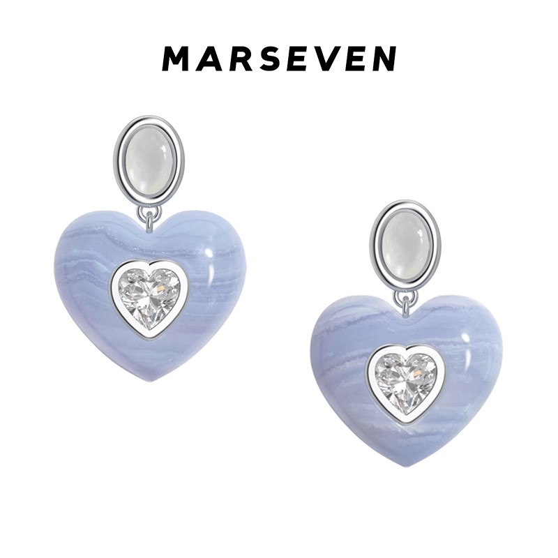 MARSEVEN 铜合金耳饰 闪光的心2系列蓝色爱心耳钉原创气质小众