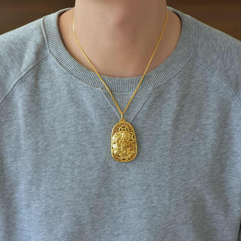 吊坠足银 足银男款金貔貅吊坠古法复古挂坠