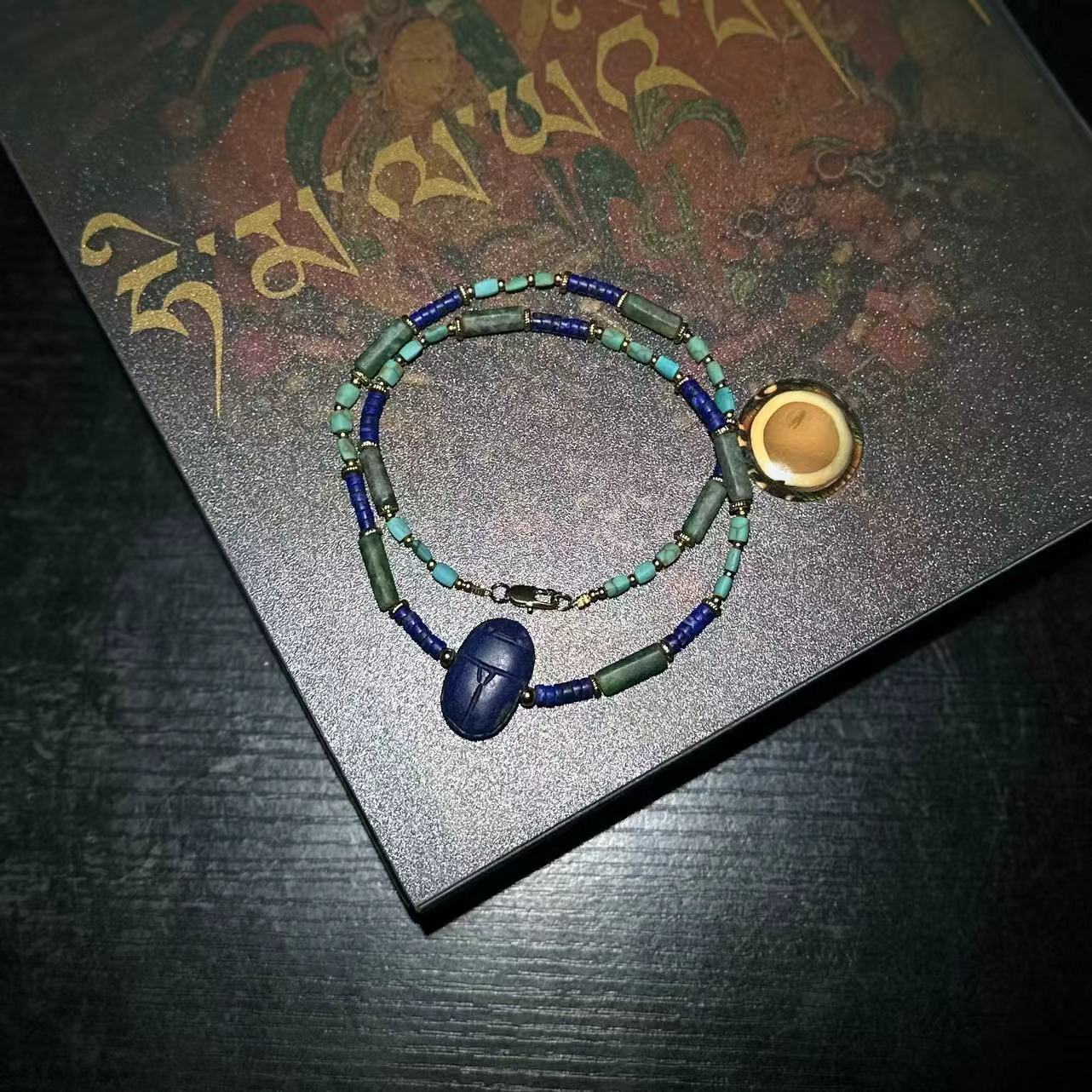 合金琉璃吊坠 YS9064 《千年古珠老物件》蓝色圣甲虫绿色桶珠项链