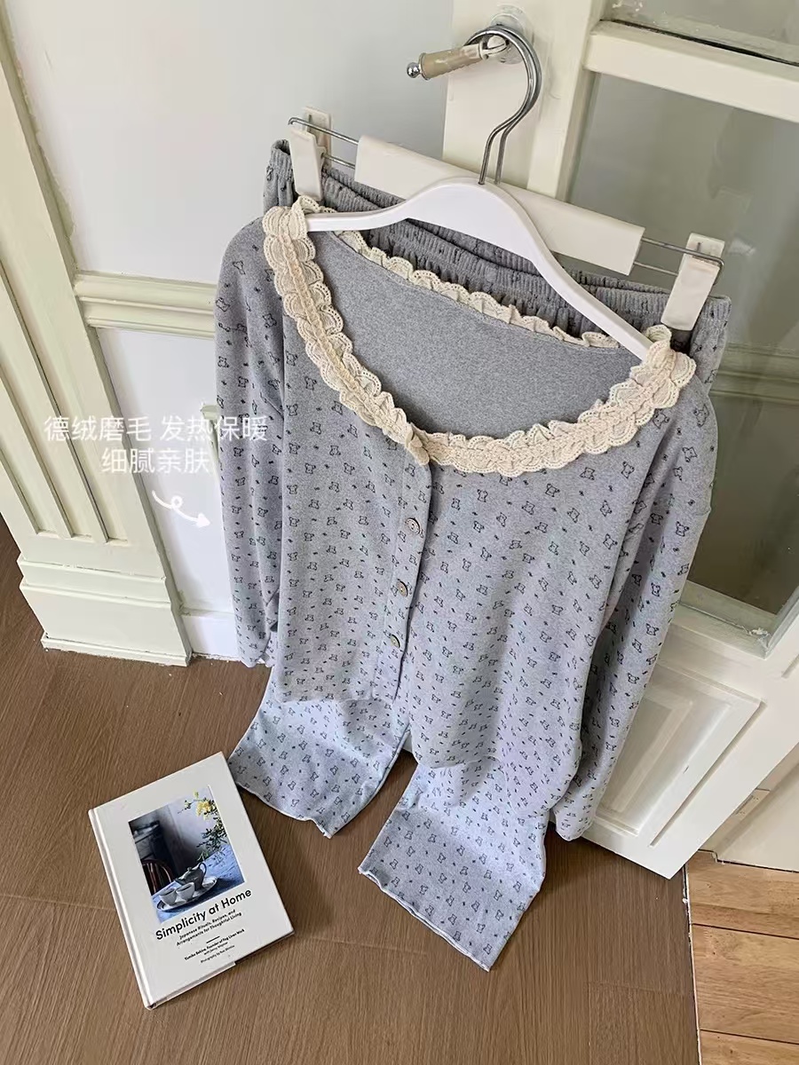 【小个子睡衣】春秋德绒甜美蕾丝花边两件套减龄长袖睡衣套装家居服