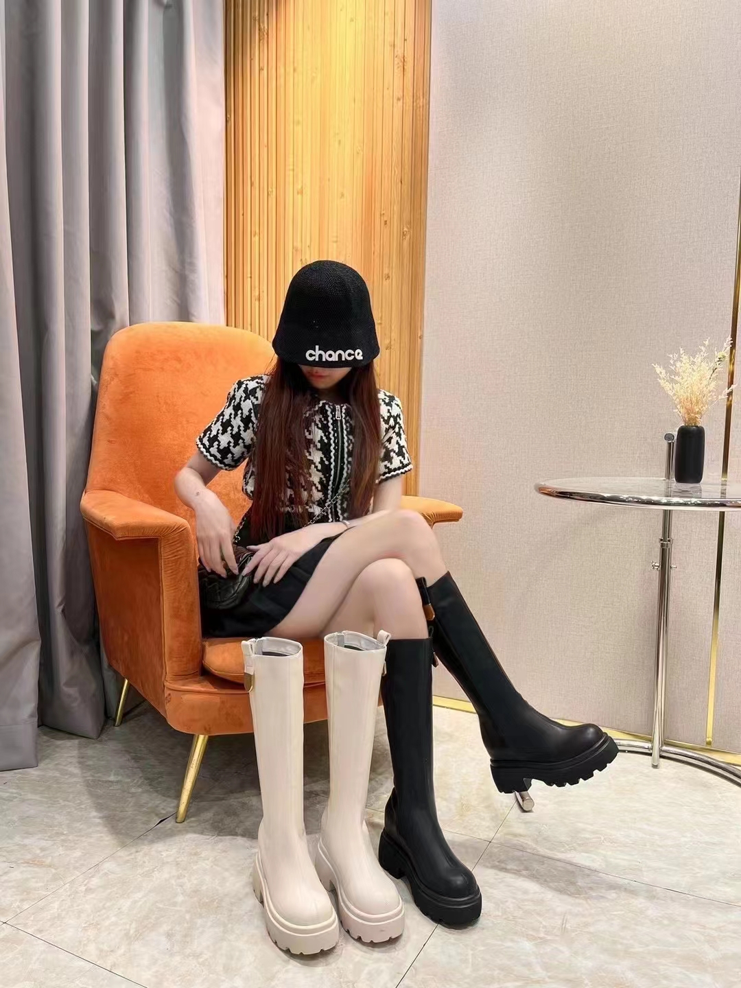 朱朱家冬季新款195528轻便8公分波跟防滑时尚潮流软皮瘦瘦靴