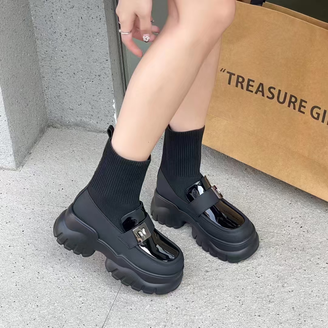 专柜正品265836英伦小个子增高厚底弹力袜靴松糕粗跟乐福鞋配裙子