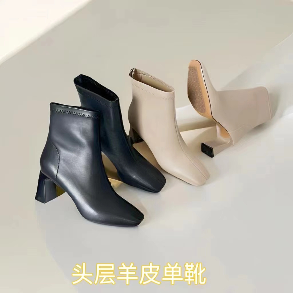 专柜正品63182高跟方头短靴女秋冬季粗跟优质羊皮瘦瘦靴粗跟单靴
