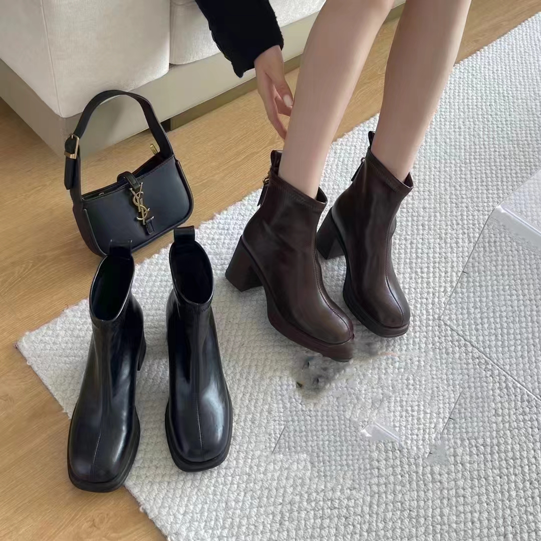 专柜正品883531厚底短靴女秋冬新款加绒粗跟高跟马丁靴切尔西短靴