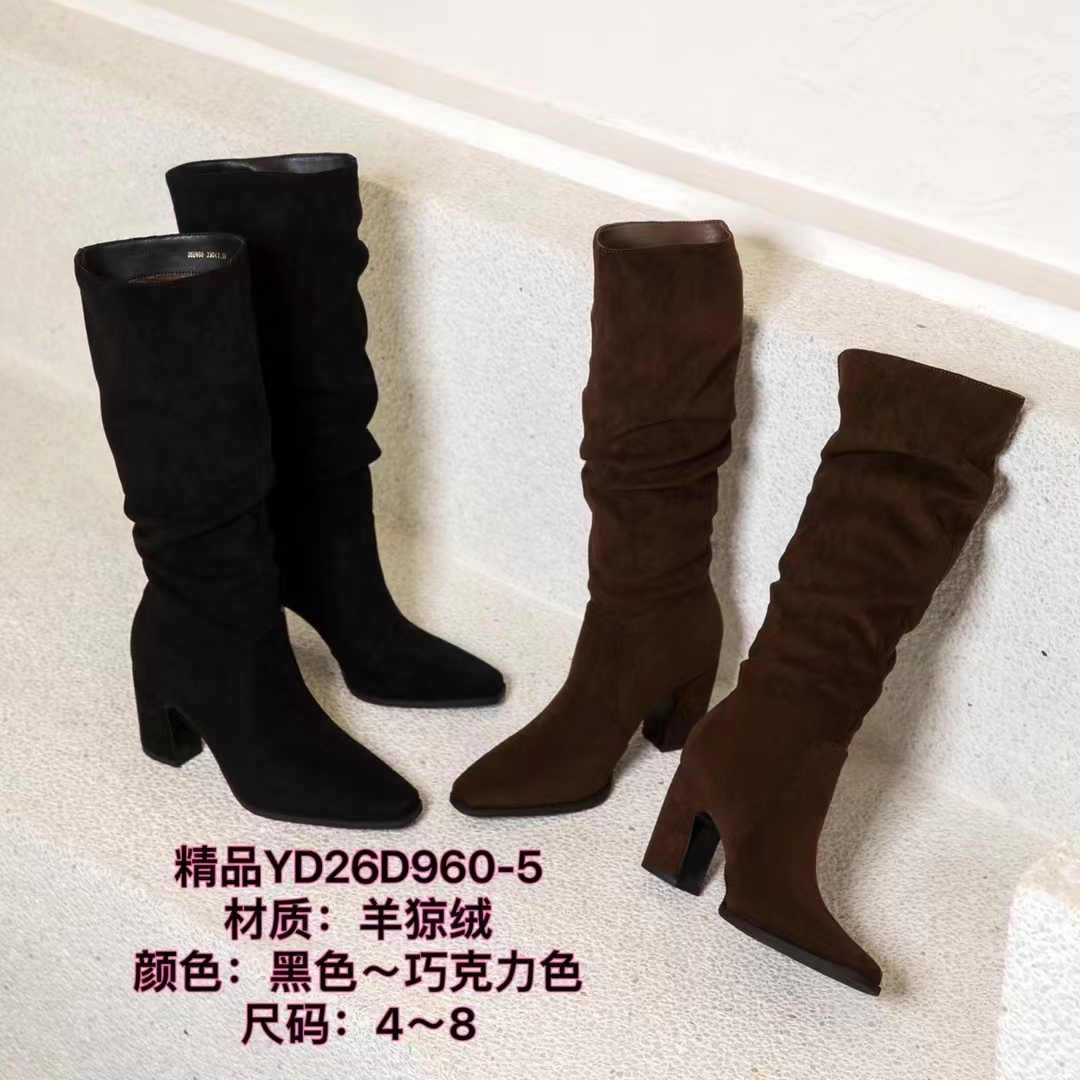 专柜正品一代佳人26D960粗跟长筒靴秋冬新款尖头绒面堆堆靴高筒靴