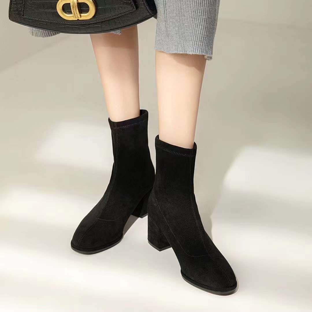 专柜正品310210高跟短靴女新款秋季粗跟瘦瘦靴马丁靴绒面短筒女靴