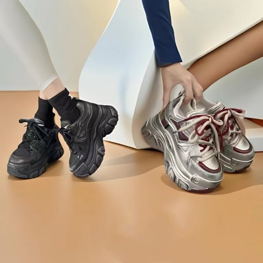 专柜正品195605真皮欧洲站内增高老爹鞋女擦色牛皮系带时尚休闲鞋