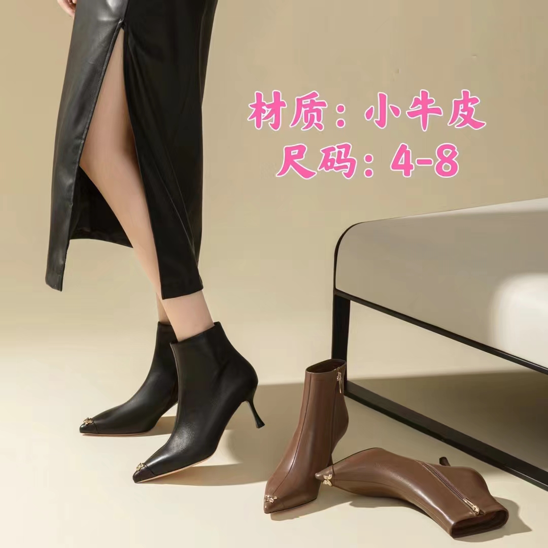 已开价，62337头层小羊皮六公分细跟短靴时尚气质秋冬尖头时装靴
