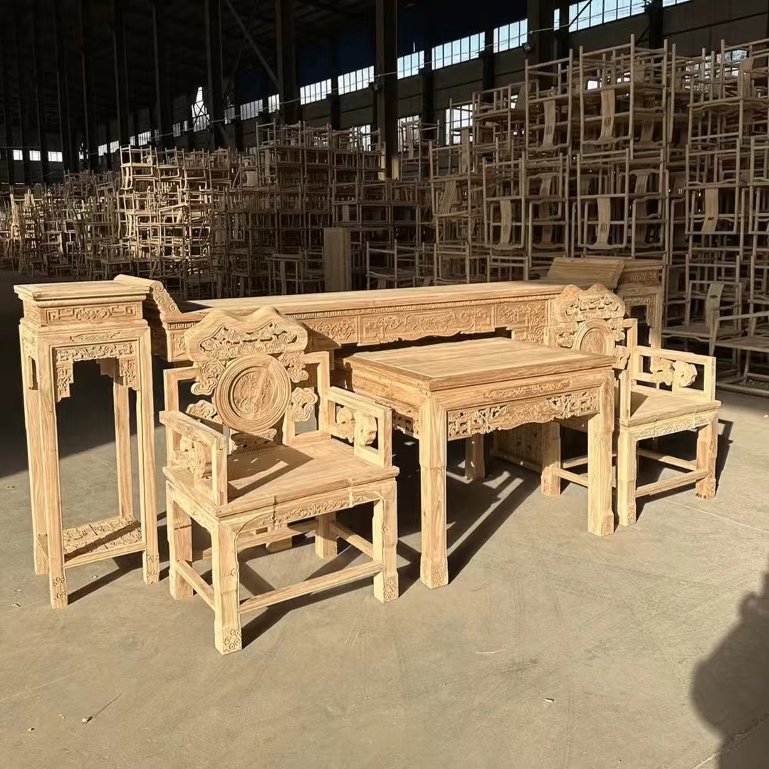 明清古典风北方榆木大款麒麟中堂六件套全榆木实木自建房别墅霸气