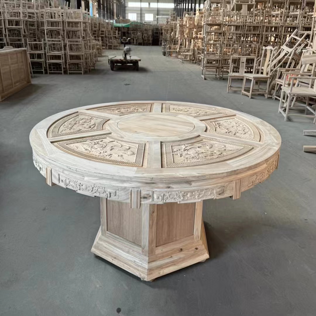 现代仿古式北方榆木如鱼得水餐桌榆木实木大料复古圆桌餐厅自建房
