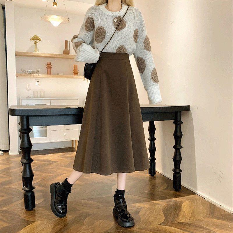 秋冬新款大码胖高腰显瘦字半身裙女中长款毛呢垂感百搭伞裙子