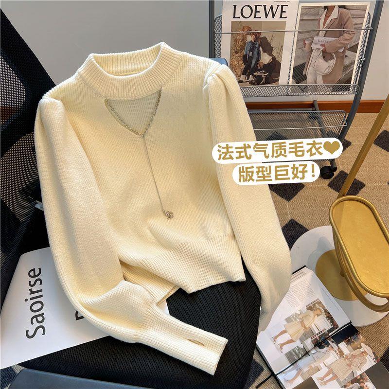 设计感镂空链条毛衣女秋冬法式软糯针织打底衫短款温柔泡泡袖上衣