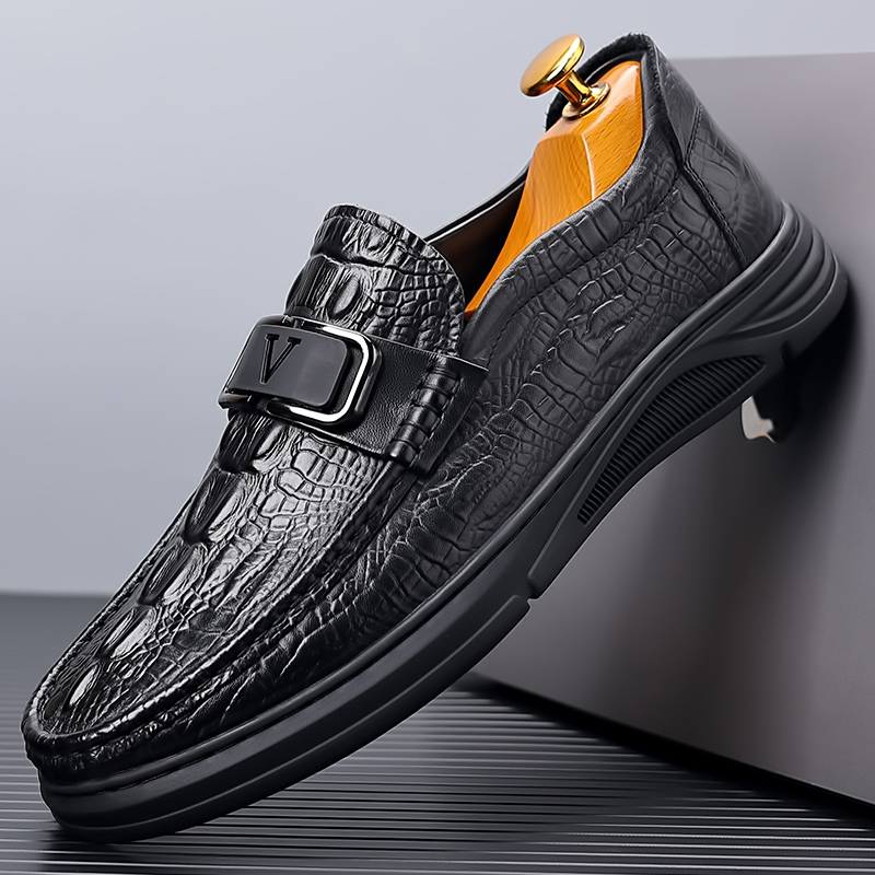 头层牛皮春季新款男士时尚软底商务百搭秋季鳄鱼纹防滑秋季男皮鞋