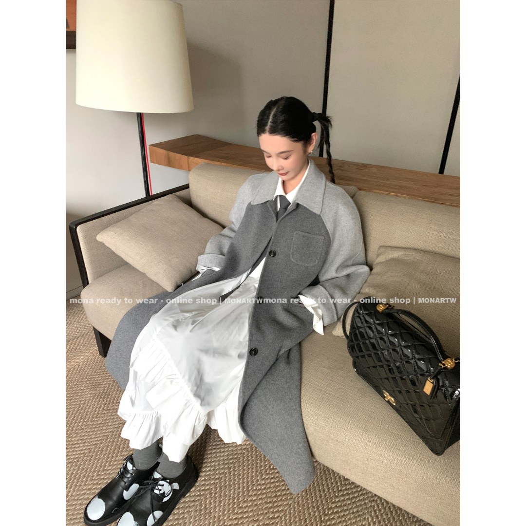 【Mona张绮贤 】MONA100羊毛拼色双面呢大衣外套 OM231432
